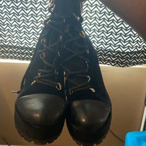 Velvet heeled booties with gold buckle